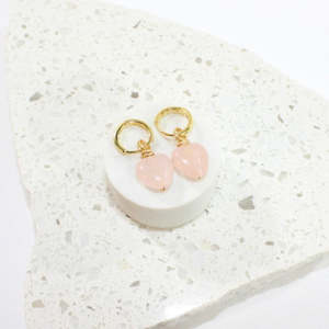 Crystal Jewellery The Love Collection: NZ-made rose quartz heart crystal huggie earrings