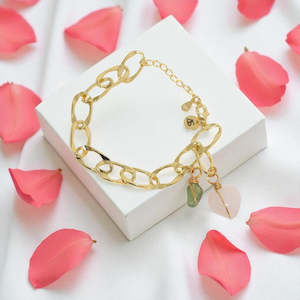 Rose Quartz & Peridot crystal 24k gold charm bracelet