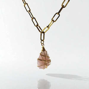 Crystal Jewellery: Rose quartz raw crystal Gold necklace