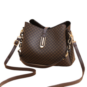 Tote Bags: Checked Pattern Bucket Bag - Coffee