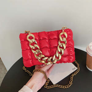 Cross Bags: Pleated Chain Square Soft Cross Bag - Red