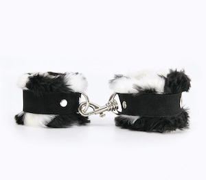 Hand Cuffs: Love In Leather Black & White Fluffy Cuffs