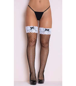 Fishnet Thigh Highs With White Lace Band Top.