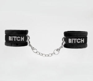 Hand Cuffs: Love In Leather "Bitch" Fluffy Handcuffs