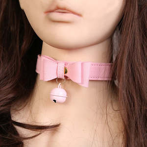PINK PU Leather Bow Choker Collar with bell
