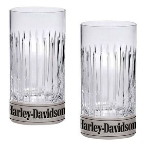 Genuine Harley Davidson Glassware: hdx-98740 HARLEY® Highball Glass Set, Hand Cut Accents, Metal Base 16 oz Set of 2 hdx-98740