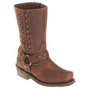 Womens Harley Boots And Footwear: Harley wo-d85432 HARLEY Womens Brown Leather Auburn Harness Stud Motorcycle Boot