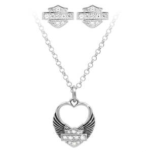 Harley Davidson Jewellery 2: hds0004 HARLEY Womens Winged Heart Necklace & Earrings Gift Set Silver HDS0004