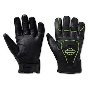 Mens Harley Gloves: Harley MEN`S OVATION WATERPROOF LEATHER GLOVES - BLACK BEAUTY &AMP; WILD LIME