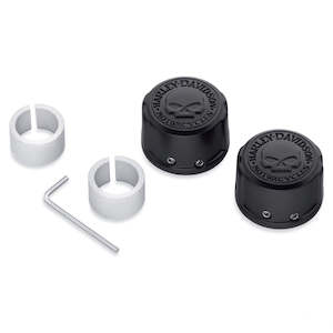 Axle Covers: 43000096 Harley Willie G Skull Front Axle Nut Covers 43000096