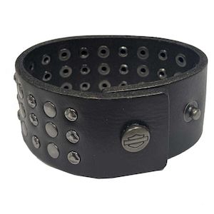 Harley Davidson Jewellery 2: mw-mau601-blk-sm HARLEY Men's Triple Row Stud Leather Cuff Bracelet Adjustable Wristband mw-mau601-blk-sm
