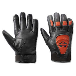 Harley Mens Gloves: Harley MEN`S OVATION WATERPROOF LEATHER GLOVES - BLACK &AMP; VINTAGE ORANGE