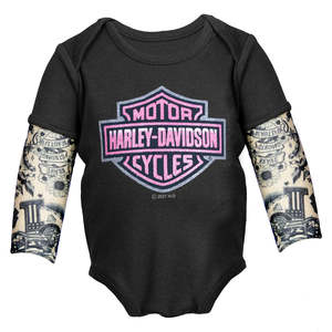 Baby And Kids: s300-0153-3 Harley S300-0153-3 Harley-Davidson Baby Girls' Glitter Bar & Shield Mesh Tattoo Long Sleeve Creeper, Black 3000153 s300-0153-3