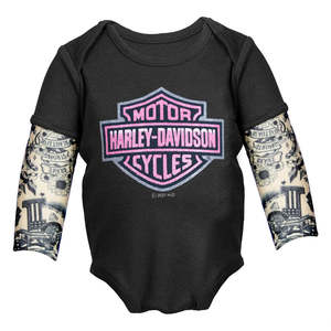 Baby And Kids: s300-0153-0 Harley S300-0153-0 Harley-Davidson Baby Girls' Glitter Bar & Shield Mesh Tattoo Long Sleeve Creeper, Black 3000153 s300-0153-0
