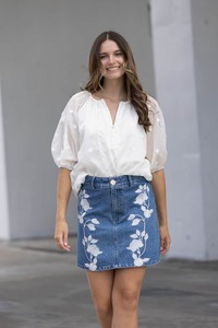 Skirts: Becky Denim Skirt Floral Blue