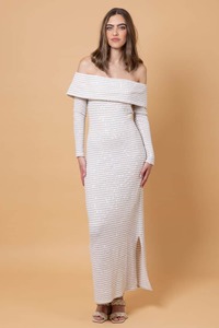Pepe Off The Shoulder Sequin Maxi Dress Beige Stripe