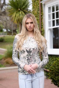Corbett Sequin Long Sleeve Top Cream Silver