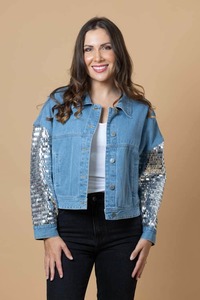 Sequins: Sylvia Sequin Sleeve Denim Jacket