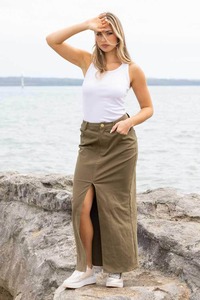 Honey Denim Skirts: Georgina Long Denim Skirt Khaki