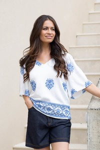 Sale Tops: Louise Embroidered V Neck Top White Blue