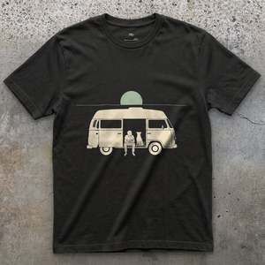 Person, Dog and a Full Moon Through the Camper Door T-shirt