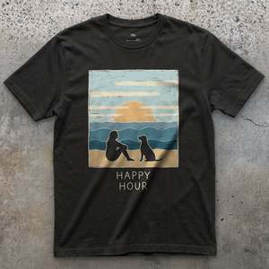 Dogs: Happy Hour, Woman and Dog on the Beach at Sunset T-shirt
