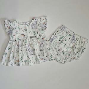 Ivy Collection: Ivy Ruffle + Bloomer Set - White with Bunnies