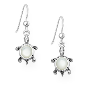 Earrings: Sterling Silver & Mother of Pearl Shell Dangly Turtle Earrings