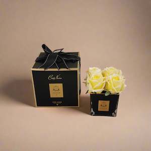 Candles Diffusers Fragrances: COUTURE PERFUMED NATURAL TOUCH 4 ROSES - SQUARE BLACK VASE GOLD & YELLOW - SVB408