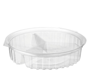 Plastic: Show Bowl 20oz (568ml) 3 Compartment Flat Lid Container. 25/slv. 150/ctn