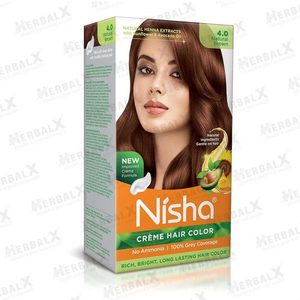 Products: Nisha Natural Brown Creme Hair Color Silky & Shiny 100% Grey Coverage Ammonia Free Natural Henna Extract – 60g+60ml – KOTTAKKAL AYURVEDA NZ