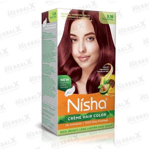 Products: Nisha Permanent Creme Burgundy Hair Color Silky & Shiny Ammonia Free Natural Henna Extract – 60g+60ml – KOTTAKKAL AYURVEDA NZ