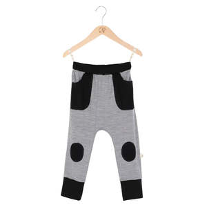 Bottoms: Mokopuna Merino Slouch Pants - Mist/Black 0-3M