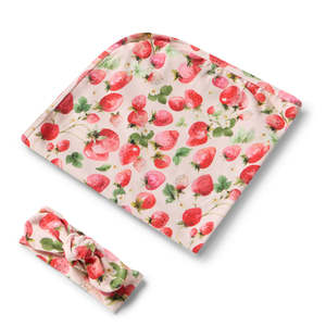 Blankets: Snuggle Hunny Kids Strawberry Organic Jersey Wrap & Topknot Set