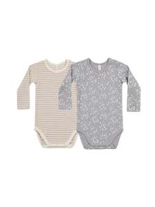 Quincy Mae Ribbed Bodysuit 2 pack Fleur & Oat Stripe
