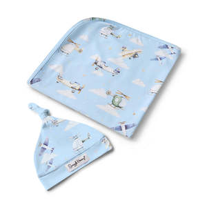 Blankets: Snuggle Hunny Kids Taking Flight Baby Jersey Wrap & Beanie Set