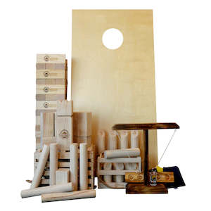 Premium Outdoor Backyard Games: Ultimate Fun Games Bundle - Cornhole, Skittles, Super Giant Tumbling Tower and Dice