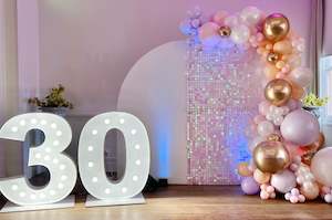Iridescent Shimmer Wall and Parasail backdrop and light up numbers