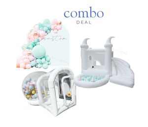 White Bouncy Castle + Bubble House + Aquamarine Balloon Arch Package