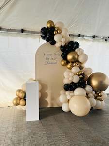 Baby Shower Balloon Packages: Happy birthday balloon backdrop in sand/gold and black balloons
