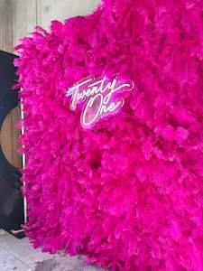 Hot Pink Feather Wall Backdrop (2.4m x 2m) – Neon Sign Included