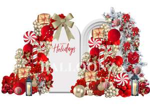 Backdrop Hire: Luxe Red and Gold Christmas backdrop 3d Arch and custom writing Arch display