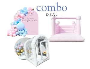Pink Castle + Bubble House + Custom Balloon Arch Birthday Package