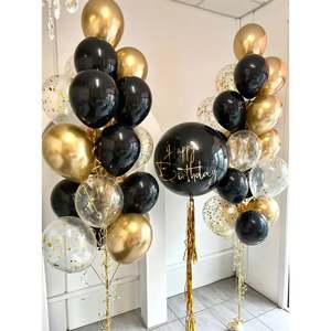 Personalised Balloons: Black and Gold, Clear Confetti - Personalised Bouquet