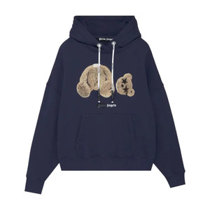 Palm Angels Bear Print Sprayed Logo Hoodie Navy Blue/Brown
