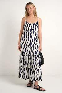 Dresses Womens: AMONG THE BRAVE Relax Strappy Tiered Midi Dress Ink Geo Wave