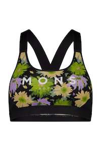 MONS ROYALE Womens Stella X Back Bra Logo Aop Alpine Bloom Black