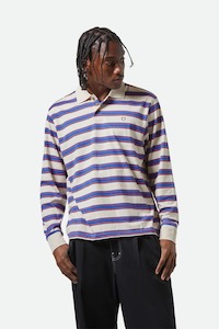 Polos Mens: BRIXTON Vintage Stripe Ls Polo Knit Electric Blue Flame White Cap