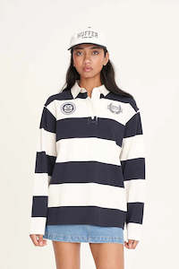 Tees Long Sleeve Womens: HUFFER All Stars Oversized Rugby Navy Chalk