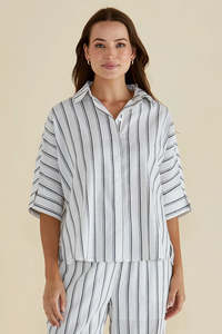 BETTY BASICS Lynwood Linen Shirt Black White Stripe White